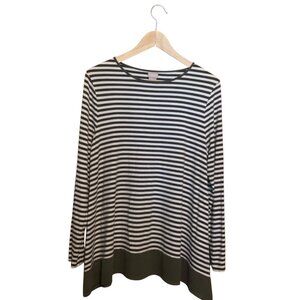 Chicos Women's Top Green White Striped Long-Sleeve‎ Contrast Chiffon Nautical